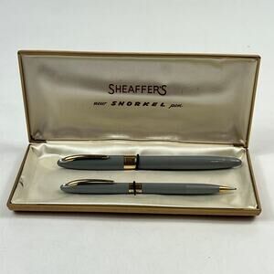 Vintage Sheaffer Snorkel Fountain Pen & Pencil White Dot Set Gray Gold Case